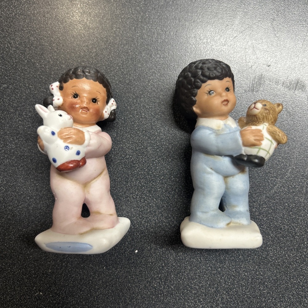 Homco 1430 African American Girl-Boy in Pajamas Figurine Set